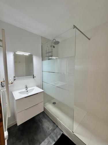 a white bathroom with a sink and a shower at Charmant appartement au pied des pistes, avec une spacieuse terrasse ensoleillée in Gouaux-de-Larboust