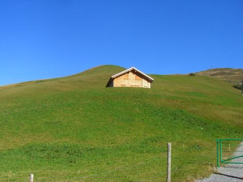a building on top of a green hill at Haus Christopherus in Klösterle am Arlberg