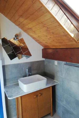 La salle de bains est pourvue d'un lavabo et d'un plafond en bois. dans l'établissement Appartement chaleureux à Gresse-en-Vercors 43 m² vue montagne, à Gresse-en-Vercors