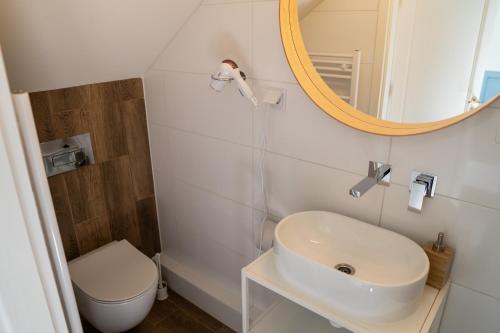 a bathroom with a sink and a toilet and a mirror at Zajazd w Biskupinie in Biskupin