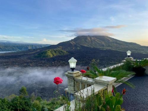 a fence with two red flowers and a mountain at Ayodya Batur Villa in Kintamani