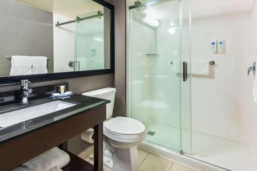 a bathroom with a shower and a toilet and a sink at Comfort Inn Hwy 401 in Kingston
