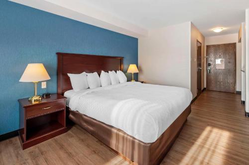 a bedroom with a large bed and a blue wall at Quality Inn in Ottawa