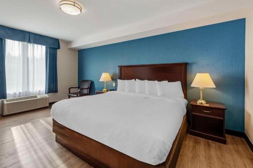 a bedroom with a large bed and a blue wall at Quality Inn in Ottawa