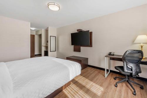 a hotel room with a bed and a desk and a chair at Quality Inn in Ottawa