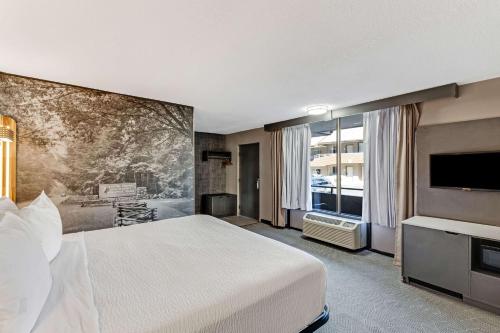 a hotel room with a bed and a flat screen tv at The Wander Hotel in Gatlinburg