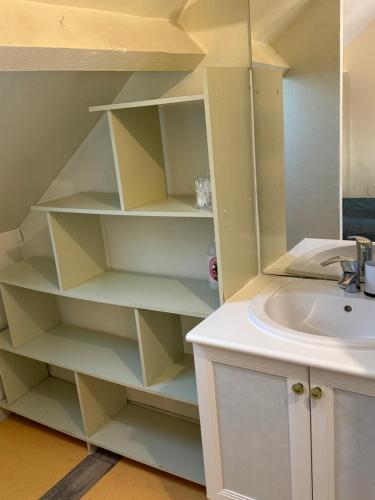 - une salle de bains avec des étagères blanches à côté d'un lavabo dans l'établissement Maison de ville parking privé, à Bourges