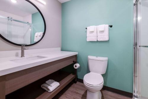a bathroom with a sink and a toilet and a mirror at ECHO Suites Extended Stay by Wyndham Madison in Madison