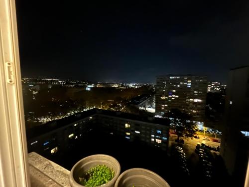 - une vue sur la ville la nuit depuis une fenêtre dans l'établissement Villeurbanne parc tête d or, à Villeurbanne