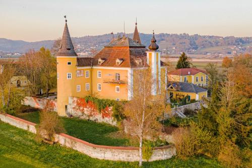 an aerial view of a castle with turrets at Apartments am Schloss Mühldorf in Feldkirchen an der Donau