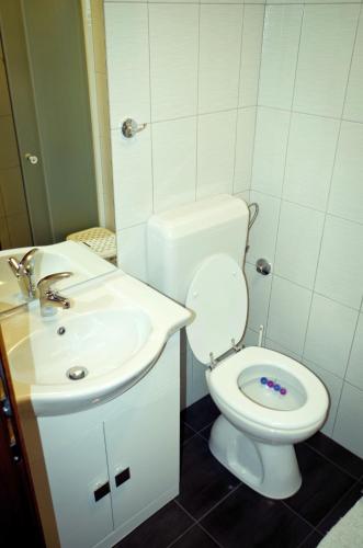 a white bathroom with a toilet and a sink at Garden House in Matulji