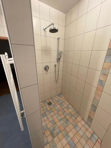 a shower in a bathroom with a glass door at Wonder & Wander in Ehrwald