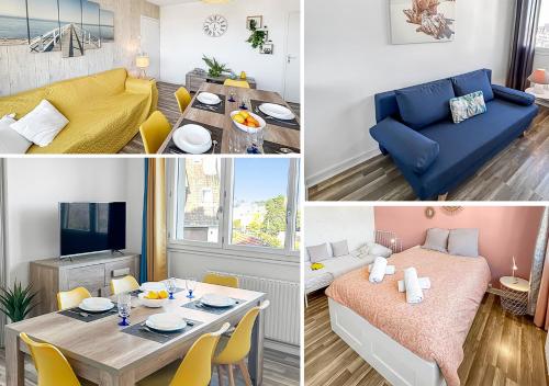 un collage de photos d'un salon et d'une chambre dans l'établissement Lumineux, vue dégagée, et plage à pied, à Ouistreham