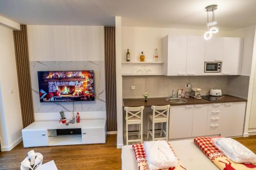 a living room with a kitchen with a tv on the wall at Delta Lux Apartman in Niš