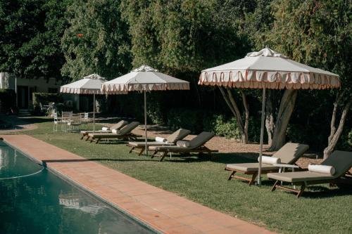 a group of chairs and umbrellas next to a pool at De Bergkant in Prince Albert