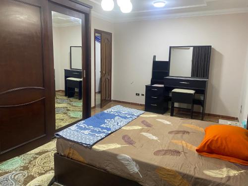 a bedroom with a bed and a dresser and a mirror at Asyut Cozy Nile view apartment in Asyut