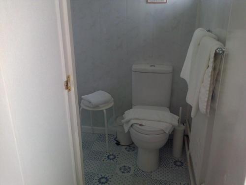 a small bathroom with a toilet and a stool at Lewinsdale Lodge in Weston-super-Mare