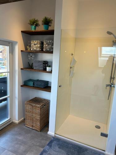 a walk in shower in a bathroom next to a window at Alexanders Mountain Loft in Bad Feilnbach