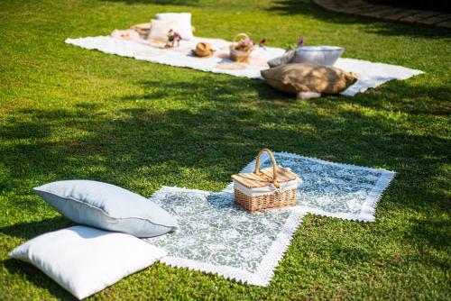 a picnic with pillows and a basket on the grass at Marenea Suite Hotel - CDSHotels in Marittima
