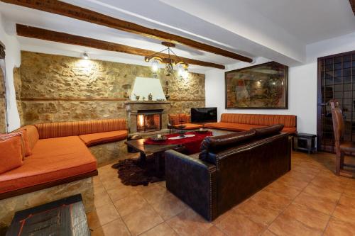a living room with couches and a fireplace at Manor House est. 1890 in Kastoria