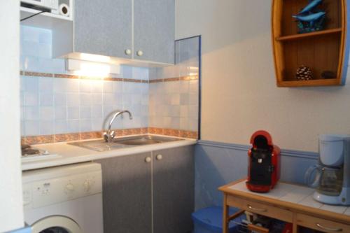 une cuisine avec un évier et une machine à laver dans l'établissement NP140-235 Pavillon 3 pièces, 2 chambres Narbonne Plage, à Narbonne-Plage