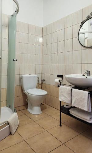 a bathroom with a toilet and a sink at Hostel Zamość - pokoje gościnne - bezpłatny parking in Zamość