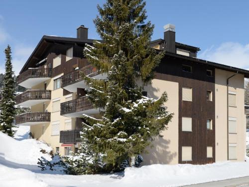 Un edificio de apartamentos con un árbol en la nieve. en Apartment A301 by Interhome, en Lenzerheide