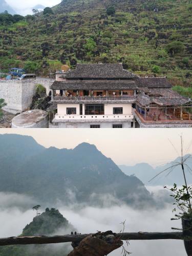 two pictures of an asian building and a mountain at Homestay Huyền Thoại Cao Nguyên Đá in Lao Ou Tchai