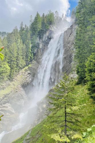 a waterfall on the side of a mountain with trees at Apartment Chalet Bijou- 1 OG by Interhome in Lenk