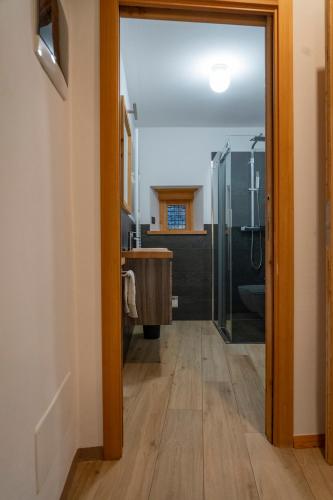 a bathroom with a glass shower and a sink at Agriturismo Cà Gianin in Vervio