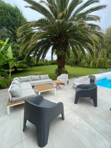 a patio with couches and a palm tree and a pool at Maison de Famille entre Biarritz et Hossegor in Saint-Martin-de-Seignanx