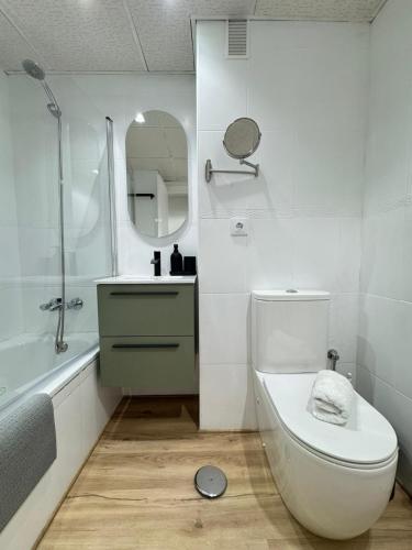 un bagno con un water, un lavandino e uno specchio di Triana Confort Sevilla a Siviglia