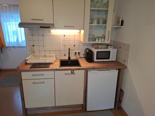 a kitchen with a counter with a microwave and a sink at Tirol Apart Barbara in Pfunds