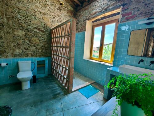 un bagno con un water, un lavandino e una finestra di Casa El Caney en Corazón de La Vera a Villanueva de la Vera