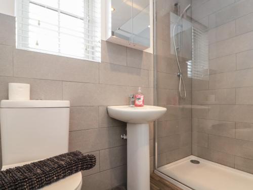 a bathroom with a toilet and a sink and a shower at Seadrift in Filey