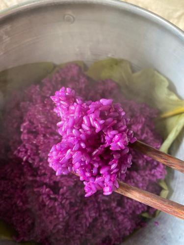 a bowl filled with purple rice and wooden chop sticks at Mộc Lan’s House in Phi Liêng