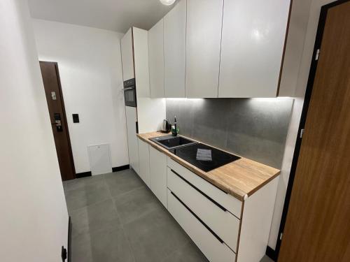 a small kitchen with white cabinets and a sink at Pod Błękitnymi Podkowami in Wrocław