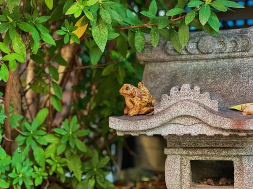 a statue of a frog sitting on top of a stone ledge at House near Shinjuku with parking & courtyard in Tokyo