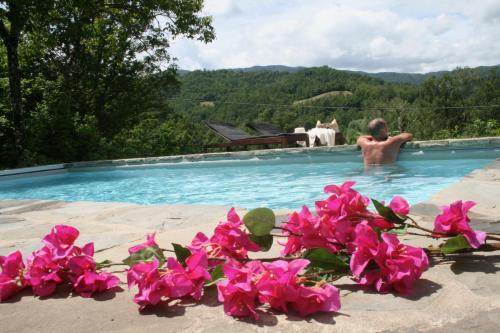 a man in a swimming pool with pink flowers at Casale delle farfalle in Tornolo