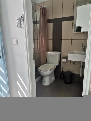 a bathroom with a toilet and a sink at Harama Hotel Schinousa in Skhoinoussa