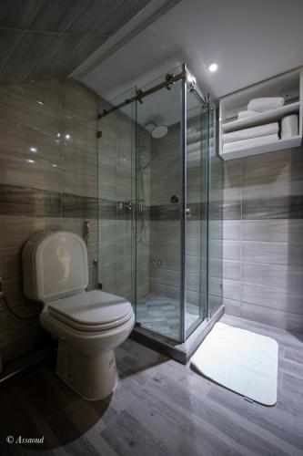 a bathroom with a toilet and a glass shower at Luxury Chaouen in Chefchaouene