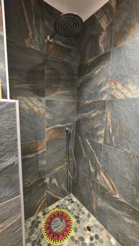 a bathroom with a shower with a stone wall at Un Brin Cosy in Névache