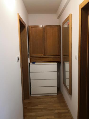 a small kitchen with wooden cabinets in a room at Apartman17 in Sremska Mitrovica