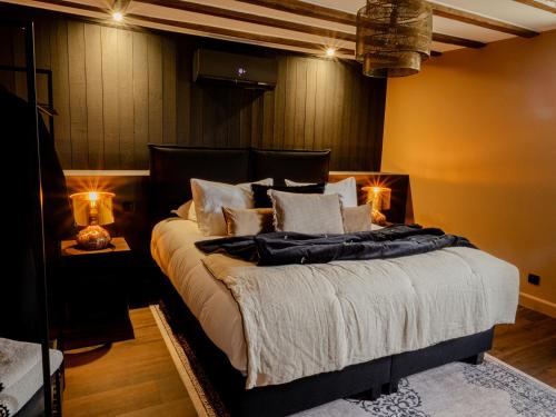 a bedroom with a large bed with lights on it at La Longère de Bourgogne in Demigny