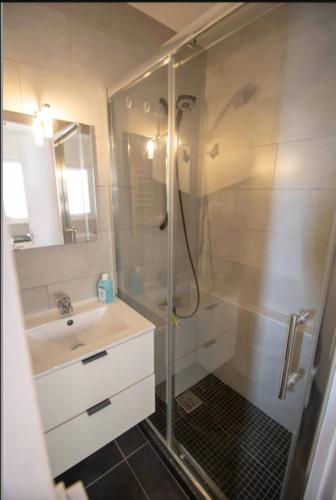 une salle de bain avec douche et lavabo dans l'établissement Cosy studio for 2, à Saint-Raphaël