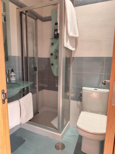 a bathroom with a shower and a toilet at Winahost Naveces La Bahía in OVD