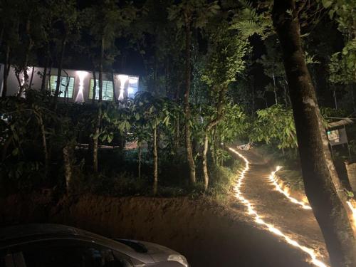 a car parked on a dirt road at night at Pepper Mist Wayanad Homestay in Tindummal