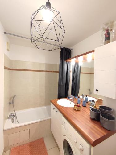 une salle de bain avec un lavabo et une machine à laver dans l'établissement Cosy 2 Pièces Wifi Parking Jardin Métro, à Toulouse