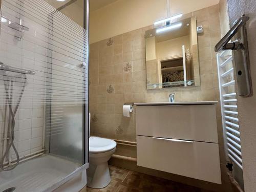 une salle de bain avec toilettes, lavabo et douche dans l'établissement Studio confortable, à 50m des pistes, pour 4 pers., parking, wifi, animaux admis - FR-1-525-273, à Saint-Étienne-en-Dévoluy