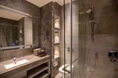 a bathroom with a shower and a sink and a toilet at Rixos Montaza Alexandria in Alexandria